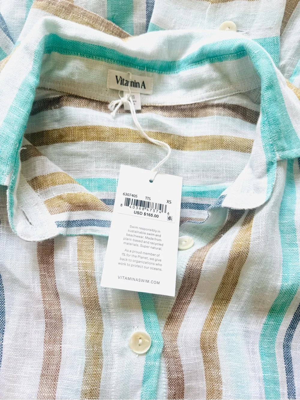 NWT Vitamin A Swim Playa Linen Boyfriend Shirt, Tidal Stripe, Blue/White/Tan, XS